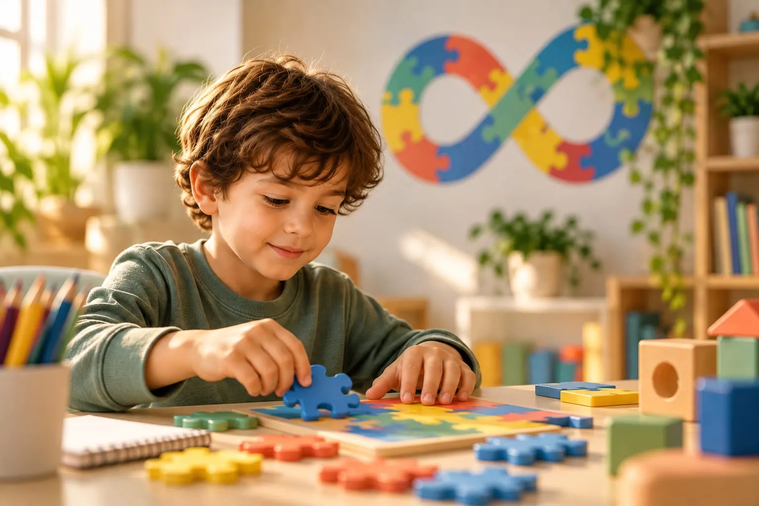 Menino concentrado montando um quebra-cabeça colorido sobre a mesa